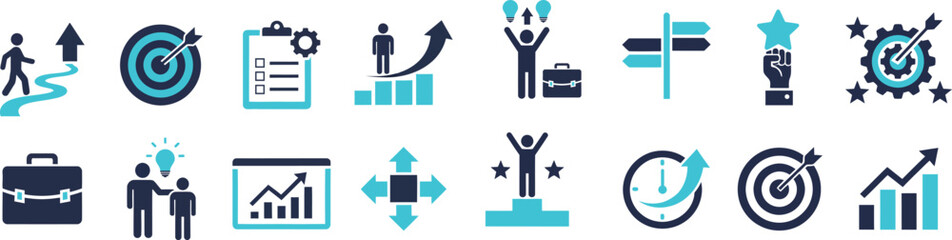 Business success and strategy icon set, for projects. growth, planning, goal achievement, innovation, and management vector illustrations. Vector