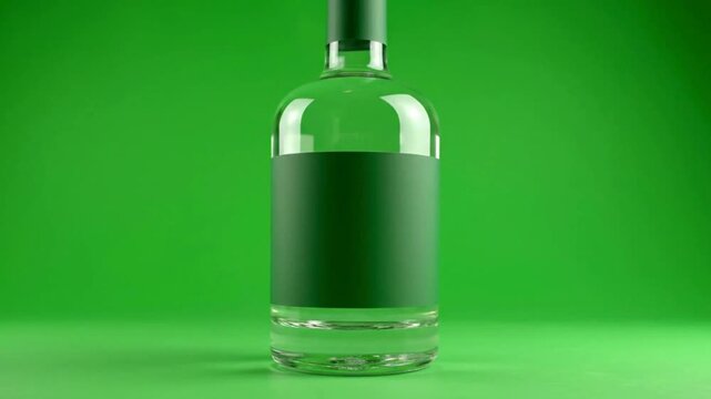 Clear glass liquor bottle with dark green label stands ready for custom branding against a vibrant chroma key background