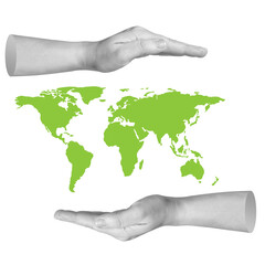 Two hands framing world map. Symbolizes global perspective, international cooperation, or worldwide impact. Part of series.