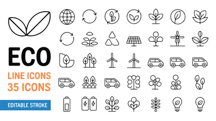 A comprehensive vector illustration of 35 diverse black line icons representing eco-friendly concepts, renewable energy, and environmental sustainability