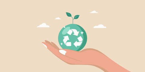 A hand holding a teal egg with a recycling symbol and a sprout