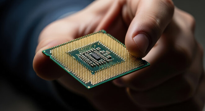 Close-Up of a Computer Processor Unit (CPU) Held in Hand, Showcasing Intricate Circuitry and Gold Pins Against a Blurred Background, Highlighting Technology