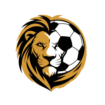 Lion head merged with soccer ball logo design
