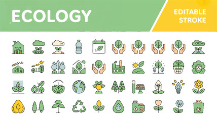 Eco-friendly technology and sustainable living concept A collection of clean vector icons representing ecology, nature, and green energy solutions