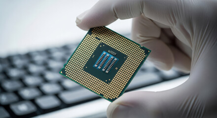 Close-up of a Microprocessor Chip Held by a Hand in a Protective Glove, Revealing Intricate Circuitry and Gold Pins Against a Blurred Keyboard Backdrop