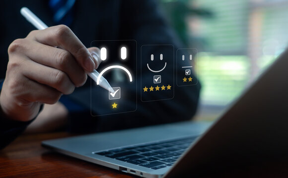 business professional selecting a negative satisfaction rating on a digital interface, featuring a red unhappy face, one-star review, and feedback options representing poor customer experience.