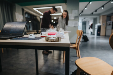 A modern collaboration center scene shows a laptop on a desk, small model objects, and crafting materials as two people work together in the background, focused on a project.