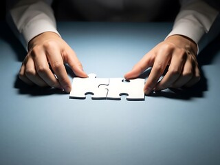 Hands connecting two white puzzle pieces on a blue surface