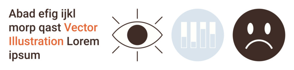Data analysis, emotions, vision studies, behavioral trends, design inspiration, infographic elements. Eye icon, bar chart and sad face. Vision studies and data analysis concept