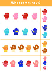 What comes next? Educational logic game for kids with cute gloves illustration. Worksheet for children.	