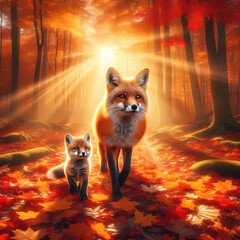 forest fox with young kit