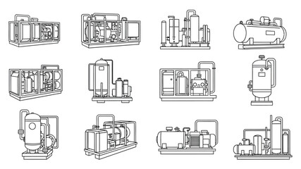 Detailed line art depictions of industrial equipment and machinery arrangements