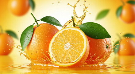 Vibrant oranges with a refreshing juice splash, highlighting the healthy and fresh citrus fruit on a bright background