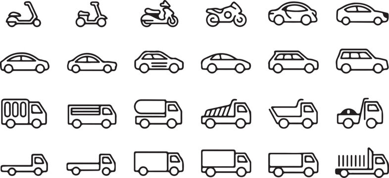 vehicle flat line icons set for ui map and transport category pack