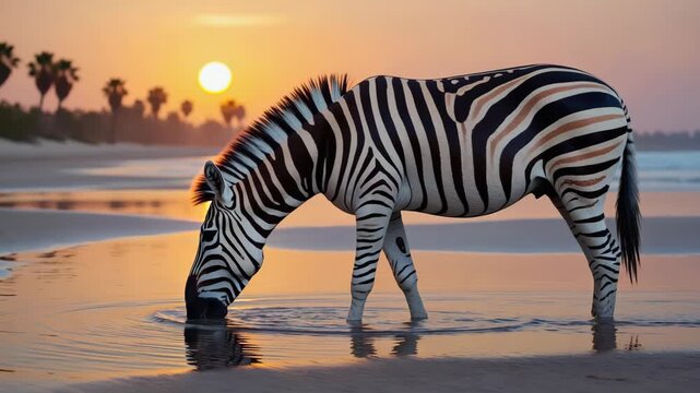 Alone zebra drinking water on the beach with palm tree on sunset