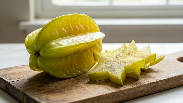 Vibrant star fruit and geometrically sliced pieces on rustic wood near window light - Powered by Adobe
