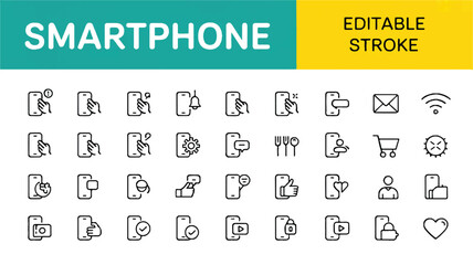Collection of Flat Design Smartphone Icons with Editable Stroke Representing Various Mobile Functions and Applications