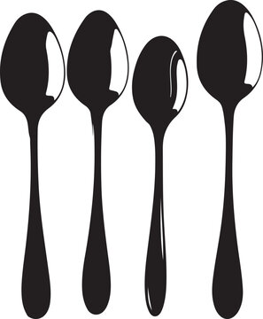 Four Black Spoons of Varying Sizes on White Background cutlery utensil