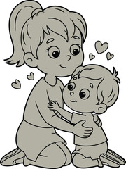 Cartoon children hugging — black-and-white illustration of emotional bonding with hearts for family, love, and sibling relationship themes