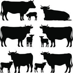 cow silhouette set of cow and calf poses vector