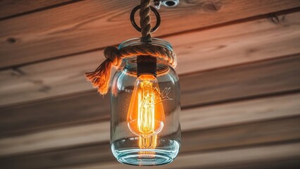 Rustic Mason Jar Pendant Light with Edison Bulb and Rope Hanger Illuminated Against Warm Wooden Ceiling Background