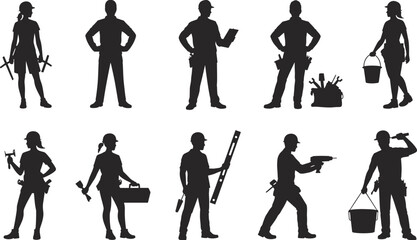 Obraz premium Construction worker silhouettes, labor icons, tool poses, black figure set, industrial roles, teamwork illustration, job site reference, safety gear design