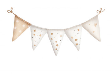 Watercolor bunting banner creating a rustic celebration decoration, strung with a natural transparent cord background