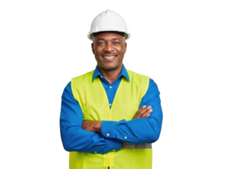 A smiling construction worker wearing a white hard hat and bright yellow safety vest with arms crossed isolated on transparent background