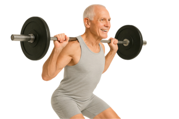 Senior man lifting barbell isolated on white background. concept of fitness, healthy aging, exercise routine, active lifestyle, strength training for older adults.