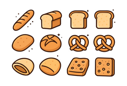 Bread and pastry vector illustration, flat vector style, bakery, loaf, pretzel