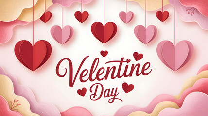 Valentine day paper cut hearts hanging decoration with calligraphy text on pink background