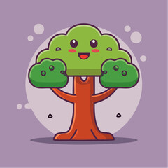 Fototapeta premium Cute cartoon tree with a happy face and green leaves on a purple background.