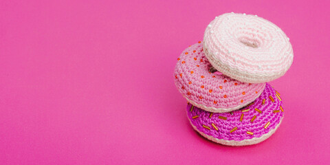 Handmade crocheted donuts with shiny beads. Festive Valentines or Mothers Day, greeting card