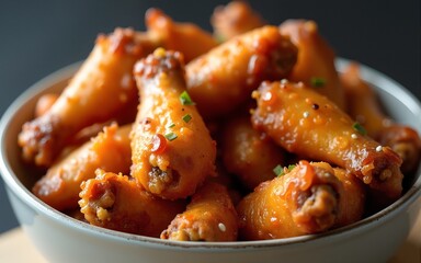 A mouthwatering bowl of crispy, golden-brown chicken wings, perfect for sharing at gatherings or parties, highlighting their irresistible appeal and savory flavor. High quality