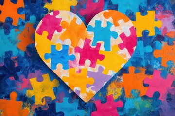 Colorful puzzle heart design with vibrant flowers on a soft blue-pink gradient background, celebrating creativity and joy in a striking visual concept for celebrations and art projects