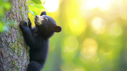 Curious bear cub climbing tree, surrounded by lush greenery and soft sunlight, evokes sense of wonder and playfulness