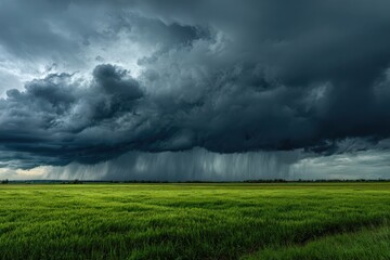 Dramatic green field under dark stormy sky with rain approaching, emphasizing nature's mood swings and weather's intensity, perfect for landscapes and atmospheric photography enthusiasts