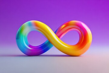 Colorful infinity shape with gradients on sleek surface, featuring blue, green, yellow, orange, and pink hues against a soft purple to light gray backdrop, exuding modern elegance and allure