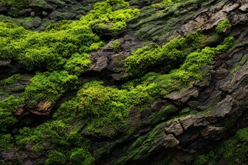 Textured tree bark with vibrant green moss, showcasing contrast and natural beauty in earthy tones; perfect for nature lovers and interior design projects seeking organic elements