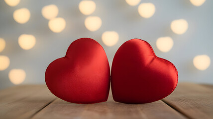 Fototapeta premium Two red heart shaped plushies resting on a wooden surface with blurred lights