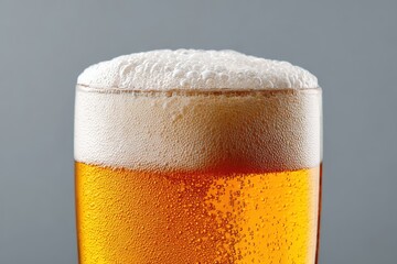 Golden beer in a glass with foamy head and bubbles rising, showcasing condensation drops on inner surface against a soft neutral background for beverage-themed imagery