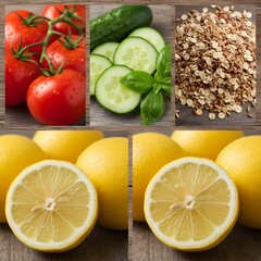 Close-Up of Fresh Tomatoes, Cucumbers, Basil, Lemons, and Whole Grains with Vibrant Natural Textures 