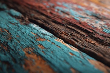 Weathered wooden surface with vibrant blue and rich red paint layers, revealing natural wood beneath, showcasing texture and character in artistic lighting