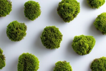 Lush green moss balls on a white background showcasing rich texture and volume, arranged organically for a fresh, natural minimalist aesthetic perfect for nature lovers and decor projects