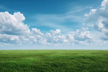 Tranquil green landscape under bright blue sky with fluffy clouds offering depth and openness, creating a serene atmosphere of freshness and nature's beauty