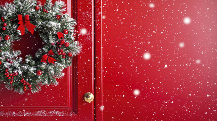 Festive holiday door adorned with beautiful wreath, featuring red ribbons and berries, evokes warm and cheerful atmosphere