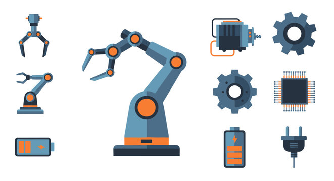 Industrial automation and robotics icon set with a mechanical arm, microchip, and power elements.