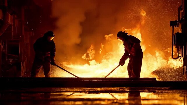 Medium shot of steel foundry workers handling carbon steel billets with protective gear inside a fiery intense production area.