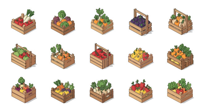 Isometric Wooden Crates Filled with Fresh Vegetables and Fruits, Market Produce.
