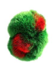 Fluffy red and green fur pom isolated on white background. Vibrant soft texture with festive contrast, realistic macro of faux fur ball with vivid color gradient..